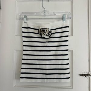 English Factory White and Black Striped Knit top with Floral Accent